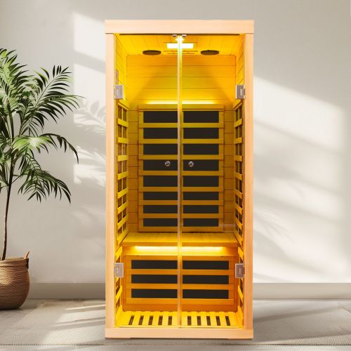 Low EMF One person wide space hemlock double doors great glass luxury indoor Far infrared sauna room Low EMF One person wide space hemlock double doors great glass luxury indoor Far infrared sauna room
